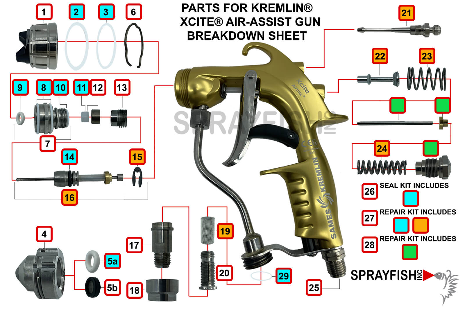 Sprayfish Non-OEM Parts Breakdown Kremlin® Xcite® Air-Assisted Airless Manual Spray Gun